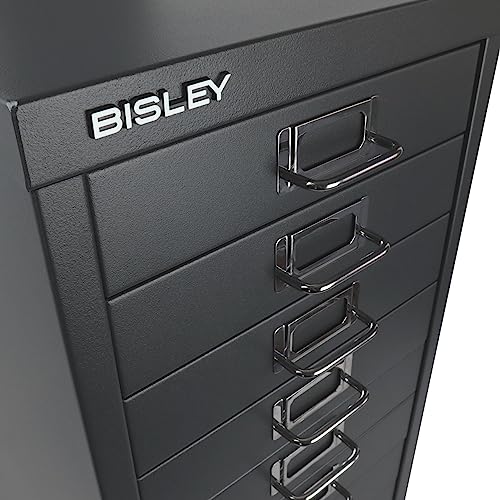 Bisley 10-Drawer Steel MultiDrawer Cabinet - Black, Chrome Pull Handles with Label Holders, Powder-Coated Steel, Removable Drawers, Fits Under Most Desks, Labels Included