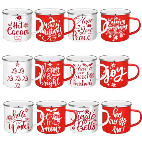 12 Pcs Christmas Coffee Mug Bulk Winter Holiday Enamel Mugs with Quotes 12 oz Seasonal Merry Christmas Hot Cocoa Mugs White Red Cups Funny Novelty Coffee Mugs for Xmas Coffee Tea Women Coworkers Gift