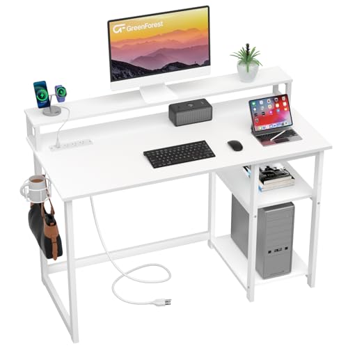 GreenForest 40 inch Computer Desk with Power Outlets, Small Home Office Desk with Ergonomic Monitor Stand, Reversible Gaming Desk, Modern Study Desk, Laptop Desk, Walnut