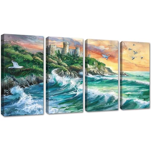 4 Piece Canvas Wall Art Print Pictures Bridge Watercolor Gentle Stream Framed Painting Posters Artwork Home Decor for Living Room Bedroom Bathroom Ready to Hang
