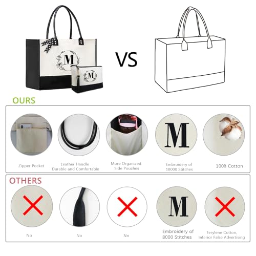 BeeGreen Mother's Day Gifts Personalized Women's Large White and Black Canvas Tote Bag, Embroidered Initials, Leather Handle, Zipper Closure
