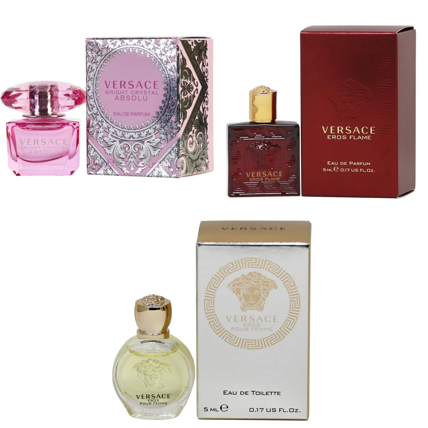 Versace Bright Crystal Absolu EDP, Eros Flame EDP, Eros Women EDT - 5ml 3PK Kit