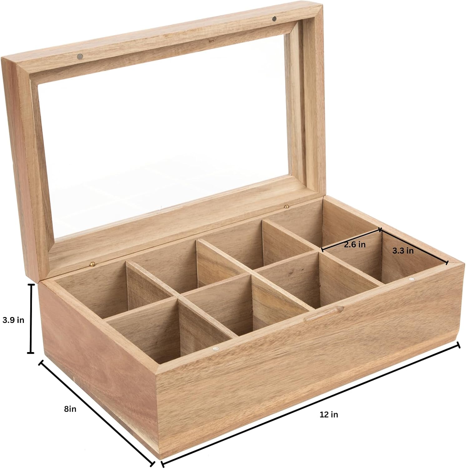 Tea Bag Organizer with Lid | Acacia Wood Tea Bag Storage Box w/ Clear Acrylic Magnetic Lid |Multifunctional Storage Box w/ 8 Compartments for Tea Bags, Jewelry | Easy Open Tea Box | Tea Bag Holder