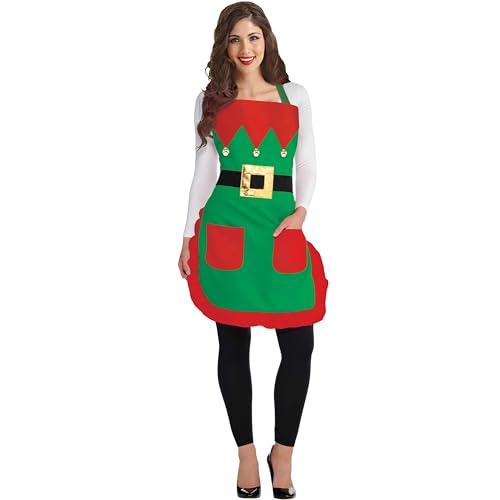 Red & Green Elf Apron for Teens & Adults - Standard Size (1 Pc.) - Premium Quality Fabric Apron, Ideal for Christmas Day, Holidays & Costume Parties