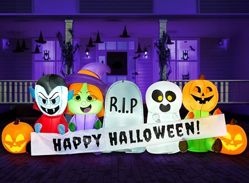 Joiedomi 8 ft Long Halloween Inflatable Three Characters and Pumpkin Patch Outdoor Decoration, Blow Up Inflatables Witch Ghost Skeleton Yard Decorations with LEDs for Party Yard Lawn Garden Decor