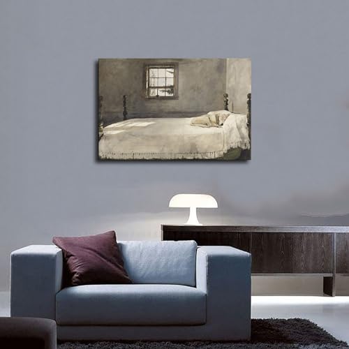 Andrew Wyeth Master Bedroom 1965 Dog Lying on Bed Scene Poster Canvas Painting Wall Decoration Art Aesthetic Modern Living Room Classroom Kitchen Bedroom Bath Home Decoration Gift (20×27inch Framed)