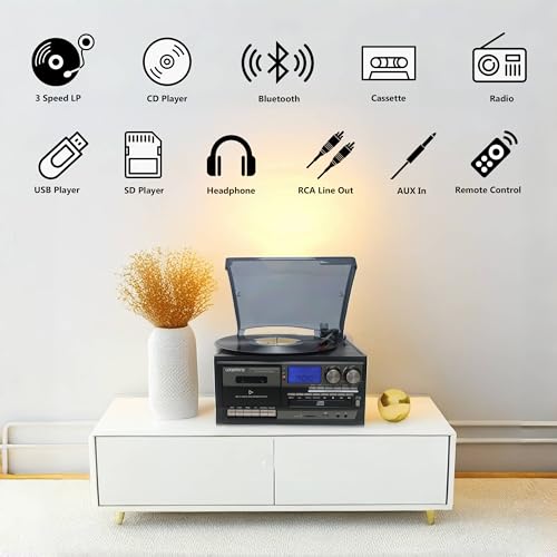 LoopTone Vinyl Record Player 10 in 1 3 Speed Bluetooth Vintage Turntable CD Cassette Player AM/FM Radio USB Recorder Aux-in RCA Line-Out (Black-Grey)
