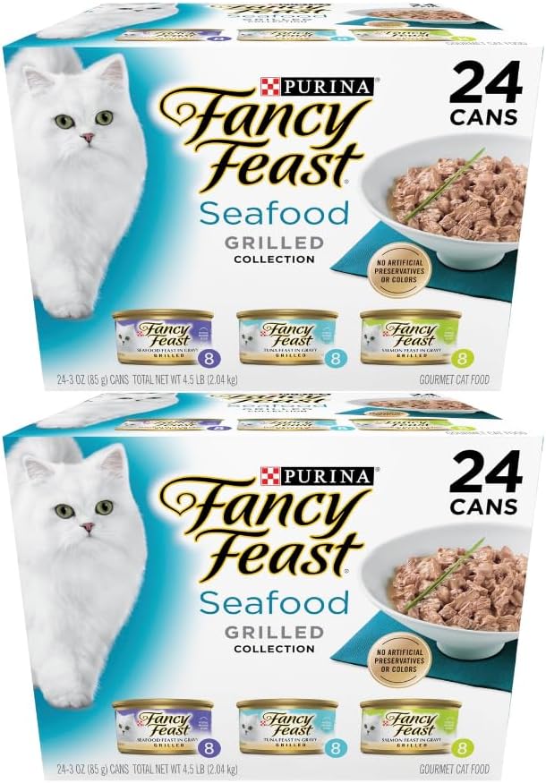 Purina Fancy Feast Grilled Seafood Collection Gourmet Wet Cat Food Variety Pack, 3 OZ Cans, 24 CT, 2-Pack