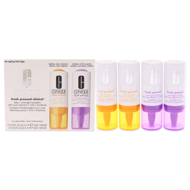 Clinique Fresh Pressed Clinical Daily Overnight Boosters by Clinique for Unisex - 2 Pc 0.29oz Daily Booster With Pure Vitamin C 10 Percent, 0.20oz Overnight Boster With Pure Vitamin A