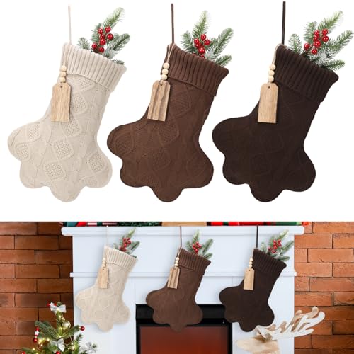 3 Pack Christmas Stockings Cat Dog Paw Hanging Ornaments 6 inch Large Knitted Cozy Christmas Stockings Decorations Xmas Tree Fireplace with Tag for Dogs Cats Holiday Family Friends Gifts