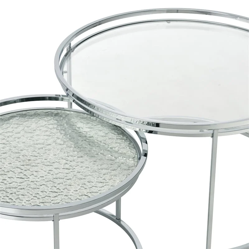 Bowery Hill Metal Glass Top 2-Piece Nesting Tables Set in Chrome