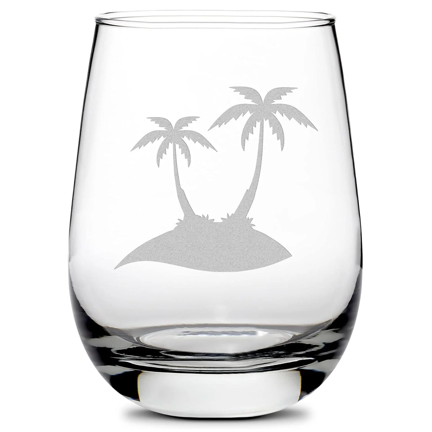 Premium Stemless Wine Glass, Double Palm Tree, Deep Etched 16Oz Unique Gifts, Made In USA, Sand Carved By Hand