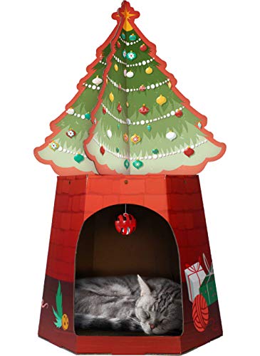 Christmas Cat House & Cat Scratcher w/Bonus Catnip Included