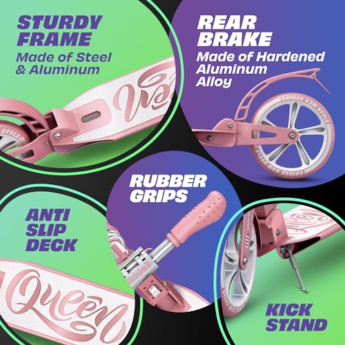 Skidee Adult & Teen Scooter Adjustable Height, Folding, Large Wheels, Lightweight, Durable, Anti-Shock Suspension, Up to 220 lbs