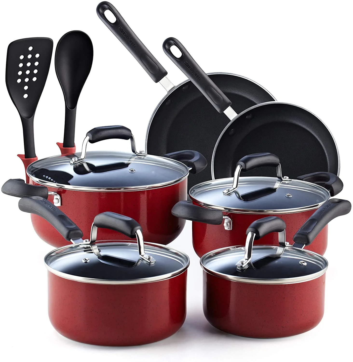 YHZCY 2601 Stay Cool Handle Pattern 12-Piece Nonstick Cookware Set, Marble Red
