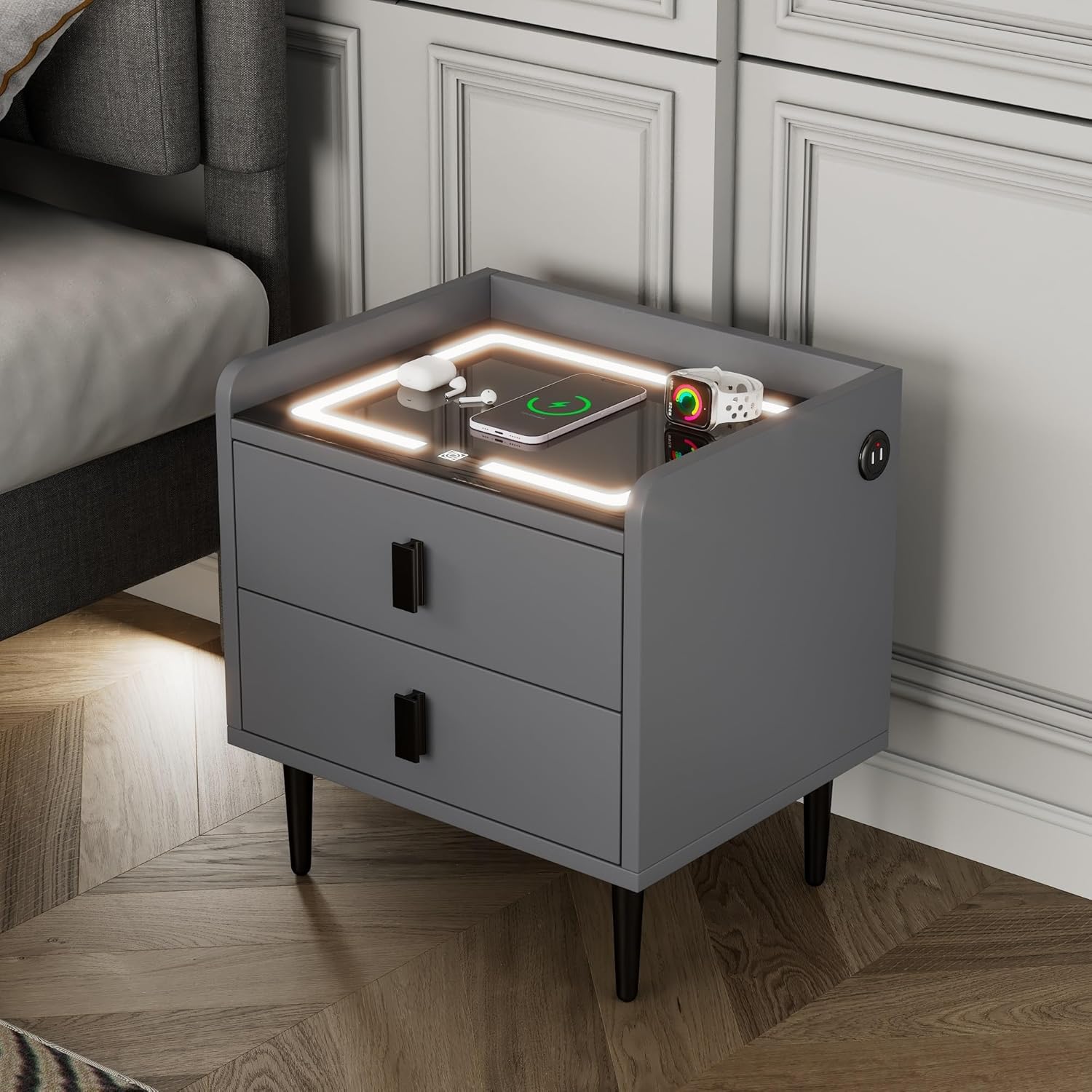 1 Pack Smart Nightstand Storage Cabinet with Wireless Charging Station/USB Charging and Adjustable LED Lights, Modern All in One Nightstand for Bedroom/Living Room Furniture Grey