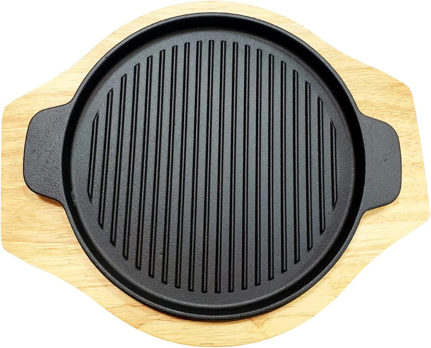 Round Grill Cast Iron Set W/Rubber Wood Underliner, For Steak, Meat, Fish (10.25