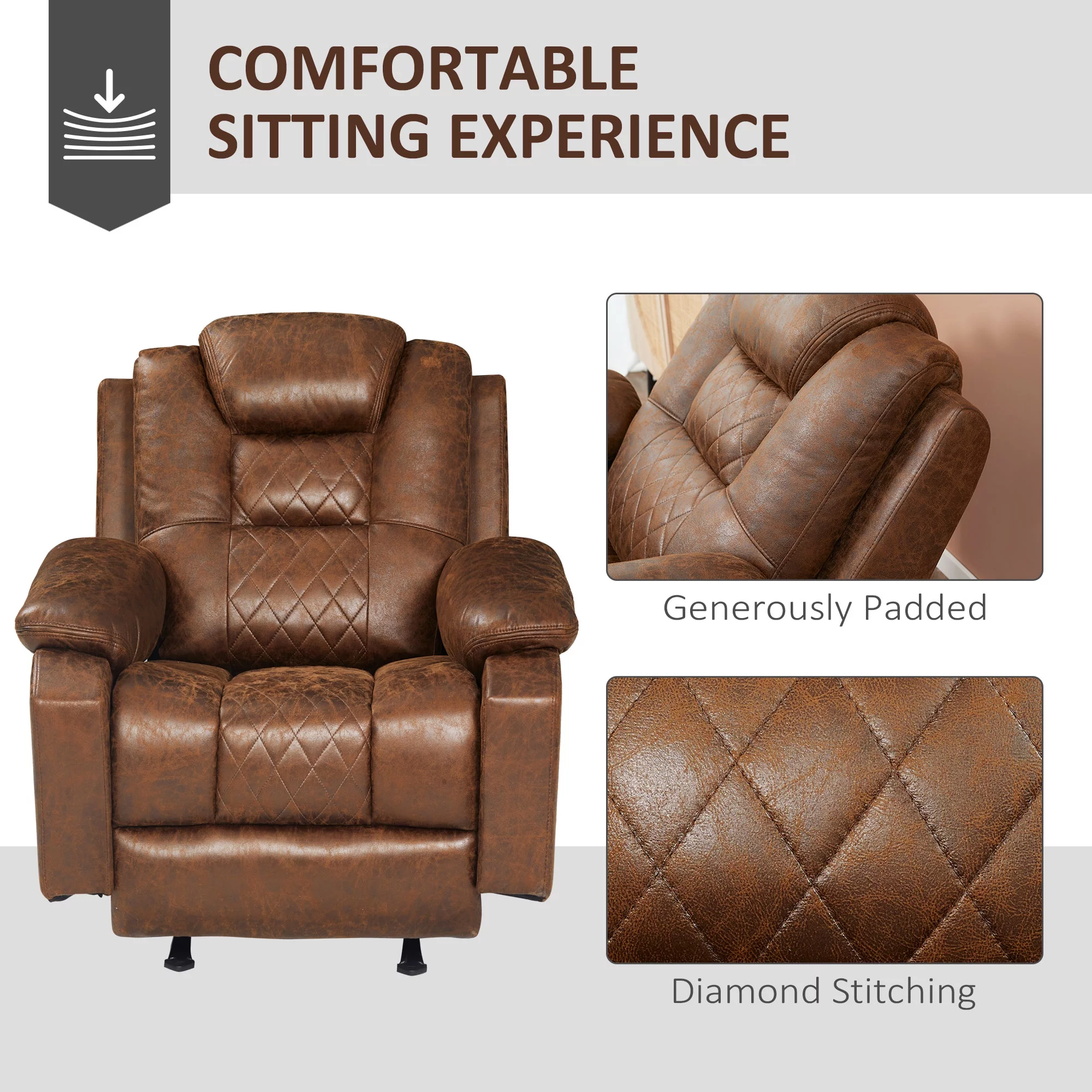 HOMCOM Overstuffed Manual Recliner Chair with Thick Sponge Padded Headrest and Armrest, and Rocking Function, Brown