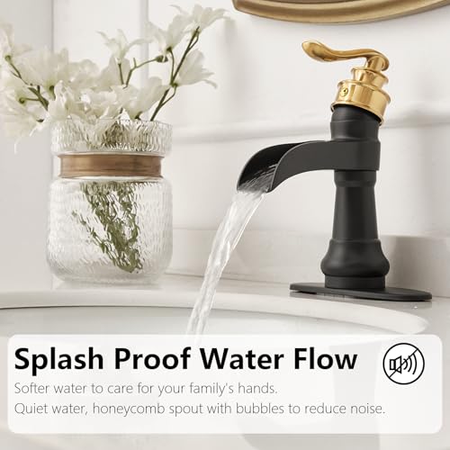 Vessel Sink Faucet, Oil Rubbed Bronze Black Bathroom Faucet, Farmhouse Waterfall Sink Faucet Single Hole with Pop Up Drain Assembly Without Overflow One Hole Mixer Tap Deck Mount