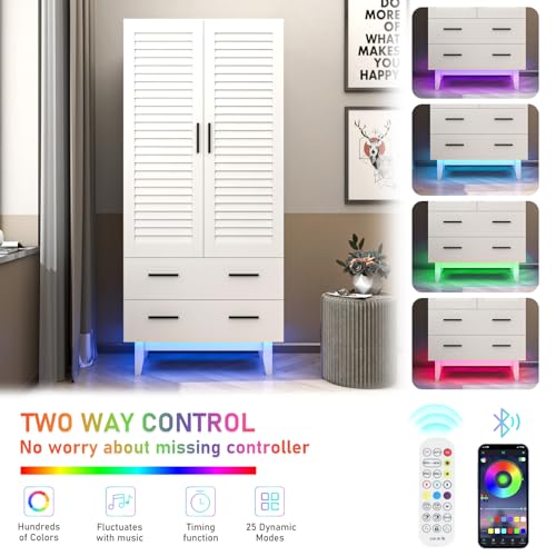 3 Door Armoire Wardrobe Closet Cabinet with Drawers and LED Lights, Multi-Tier Shelves, Hanging Rod & 3 Louver Doors, Large Capacity Storage Wardrobe Armoire for Bedroom, White