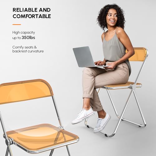 VINGLI Acrylic Folding Chairs 2 Pack, Clear Chair Foldable and Stackable, Plastic Panel & Metal Chrome Frame, Weight Capacity 350 lbs, Transparent