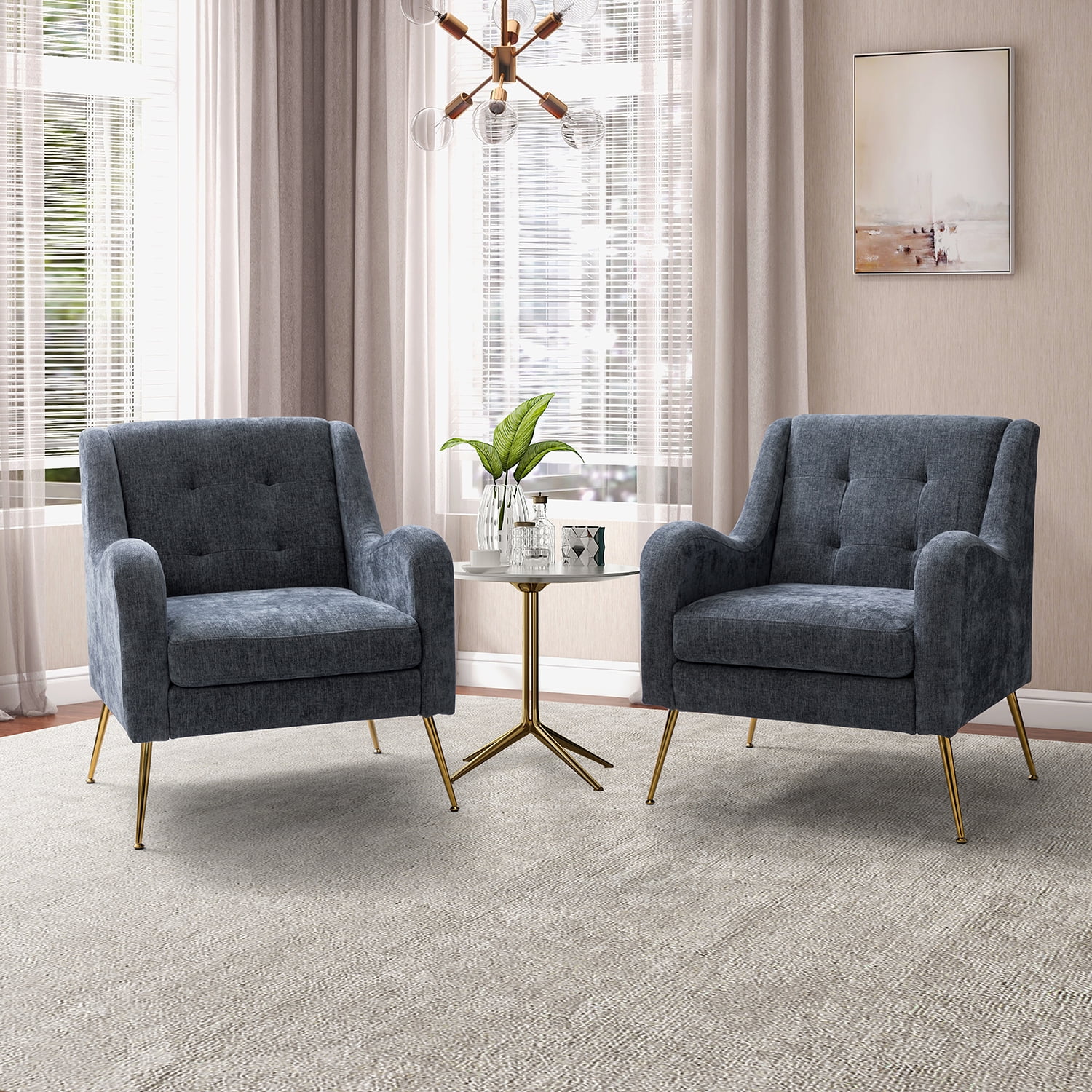 Upholstered Armchairs Set with Removable Cushion Tufted Single Sofa Accent Chairs Golden Leg Home Living Room Bedroom Office Navy