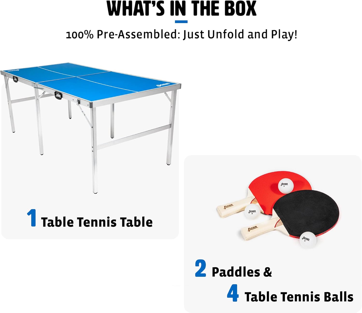 EastPoint Sports Penn Space Saver Table Tennis Table – Fully Assembled 6 Foot x 3 Foot Indoor/Outdoor Portable Table with Net, 2 Ping Pong Paddles and 4 Balls 10 Minute Set Up