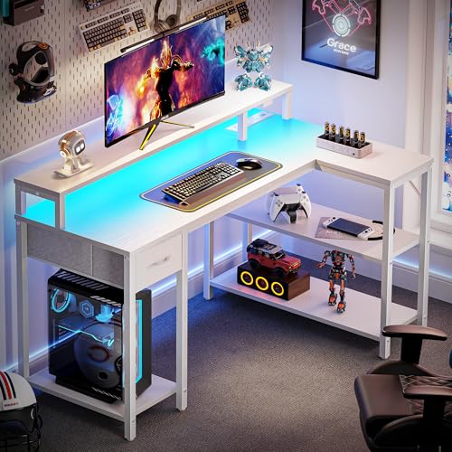 SUPERJARE 47 inch Reversible L Shaped Desk with LED Lights & Power Outlets, Computer Desk with Shelves & Monitor Stand, Gaming Desk with Drawer, Home Office Desk Corner Desk, Black