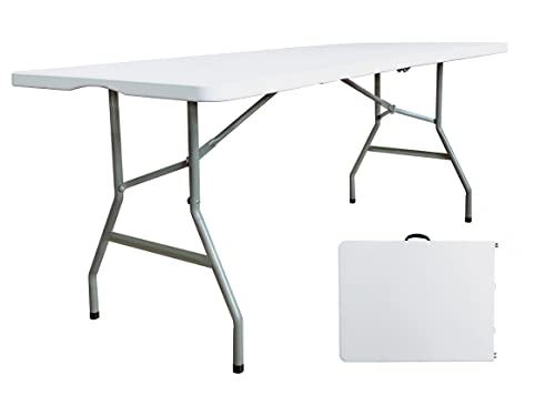 8 Foot Folding Table 96 inch Heavy Duty 8ft Plastic Portable Foldable Table with Handle Indoor Outdoor White 8' Dining Table for Picnic, Party and Camping