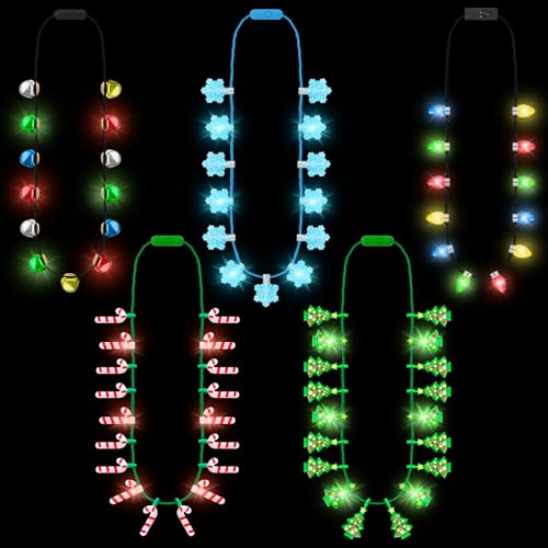 5 Pack Christmas Light Up Necklaces, 3 Modes Christmas Party Favors, Colorful Christmas Accessories for Women, 5 Designs Xmas Tree Bell Snowflake Cane Necklaces for Xmas Party Favor Party Supply