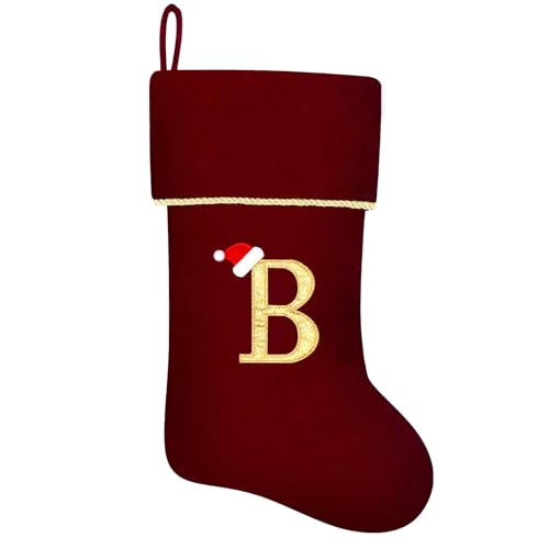 20 Inches Initial Monogram Blue Christmas Stocking, Personalized Large Embroidered Letter Velvet Christmas Stocking with Gold Trim Decoration for Family Christmas Holiday Party Decor(Letter J)