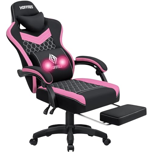 HOFFREE Gaming Chair Computer Chair Fabric with Pocket Spring Cushion Massage Game Chair with Footrest Ergonomic Gamer Chair with Lumbar Support Reclining Gaming Chairs for Adults Green and White