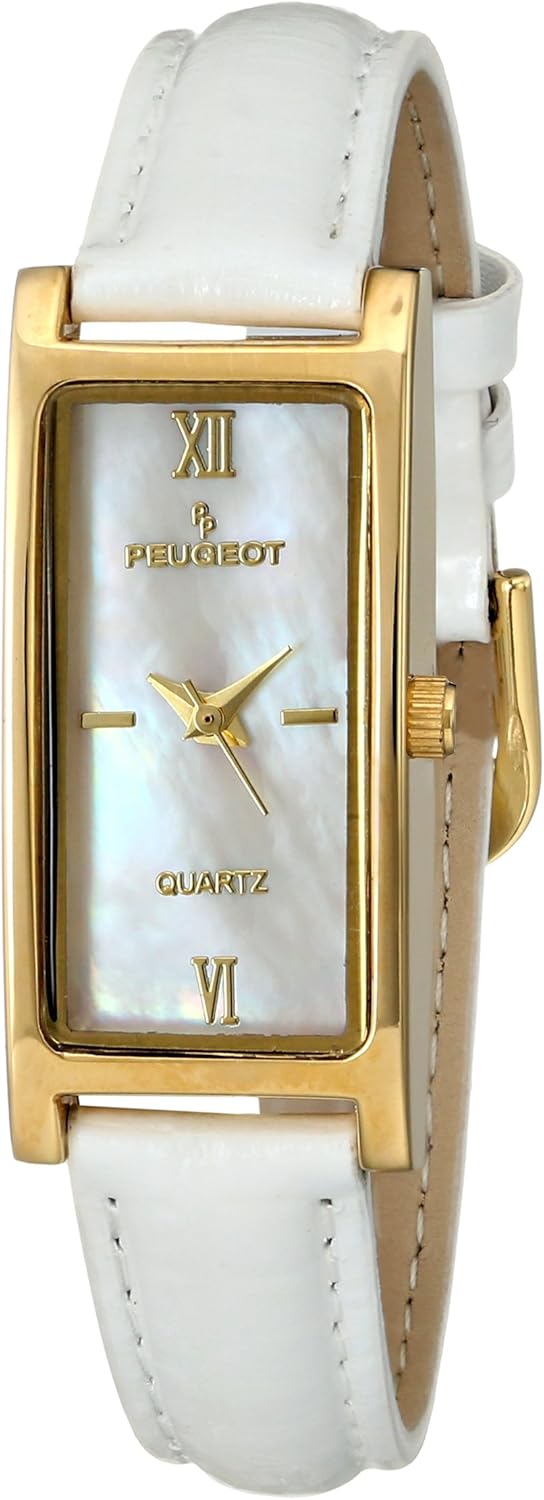 Peugeot Women's Slim 14K Gold Plated White Mother of Pearl Face Roman Numeral White Leather Thin Strap Dress Watch 3017WT