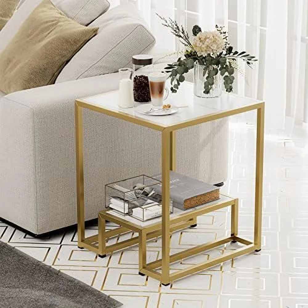 High Gloss Gold Nesting End Table  2-Tier Faux Marble Sofa Side Table with Shelf  Metal Frame Bedside Table for Living Room  Bedroom  Office(White)