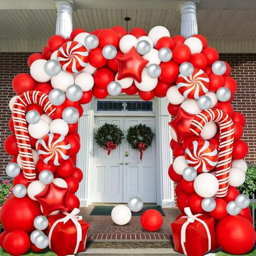 Christmas Balloon Arch Garland Kit 160pcs Red Green Gold Balloons With Candy Cane Swirl Foil Balloons Xmas Merry Christmas Friendsmas Santa Claus Ugly Sweater Party Decoration (Green)