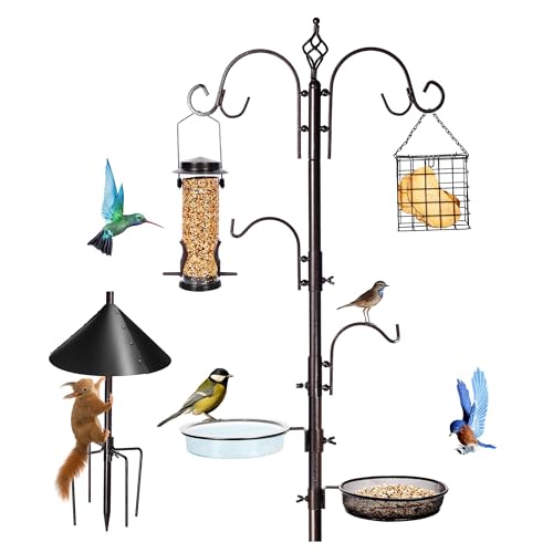 6-Hook Bird Feeding Station Kit, Wild Bird Feeder Stand Pole, Multi-Feeder Kit Stand with 4 Feeders, Bird Bath and Mesh Tray, 94 Inch