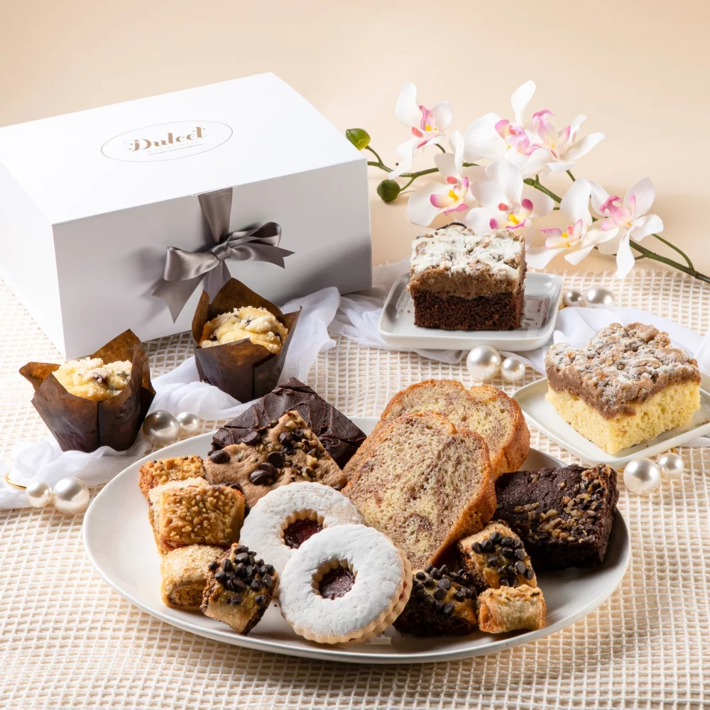 Dulcet Bakery Gift Box: Assorted Brownies, Blueberry Muffins, Marble Pound Cake, Crumb Cake, and Rugelah