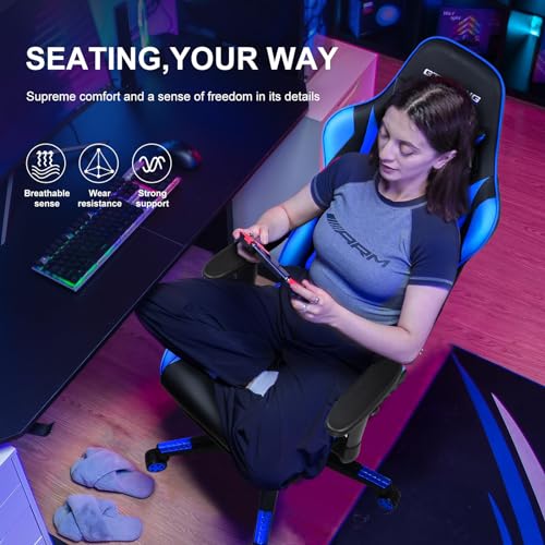 GTRACING Gaming Chair with Footrest, Ergonomic Computer Game Desk Chair, Reclining Game Chair Seat Height Adjustment, Swivel Rocker with Headrest and Lumbar (Blue)
