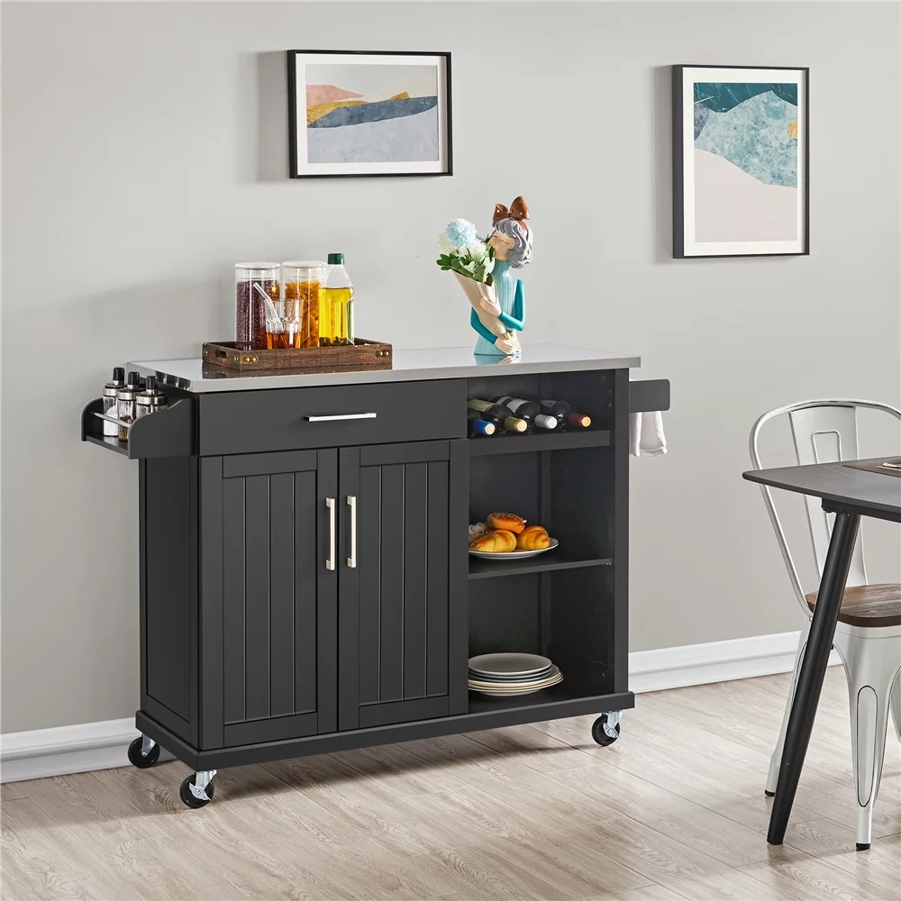 Alden Design Rolling Storage Kitchen Cart Cabinet with Steel Top, Black