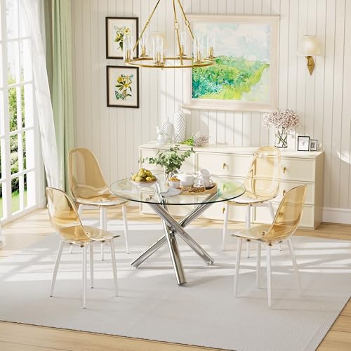 Round Glass Dining Table Set for 4, 47'' Circle Dining Table Set, Glass Dining Room Table Set for 4 with Clear Acrylic Chair, Kitchen Table Chairs Set with Round Base for Dining Room,Amber