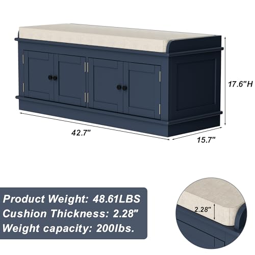 Storage Drawers and 2 Cabinets, Shoe Bench w/Removable Cushion & Seating for Entryway Living Room Hallway Bedroom, 43.7