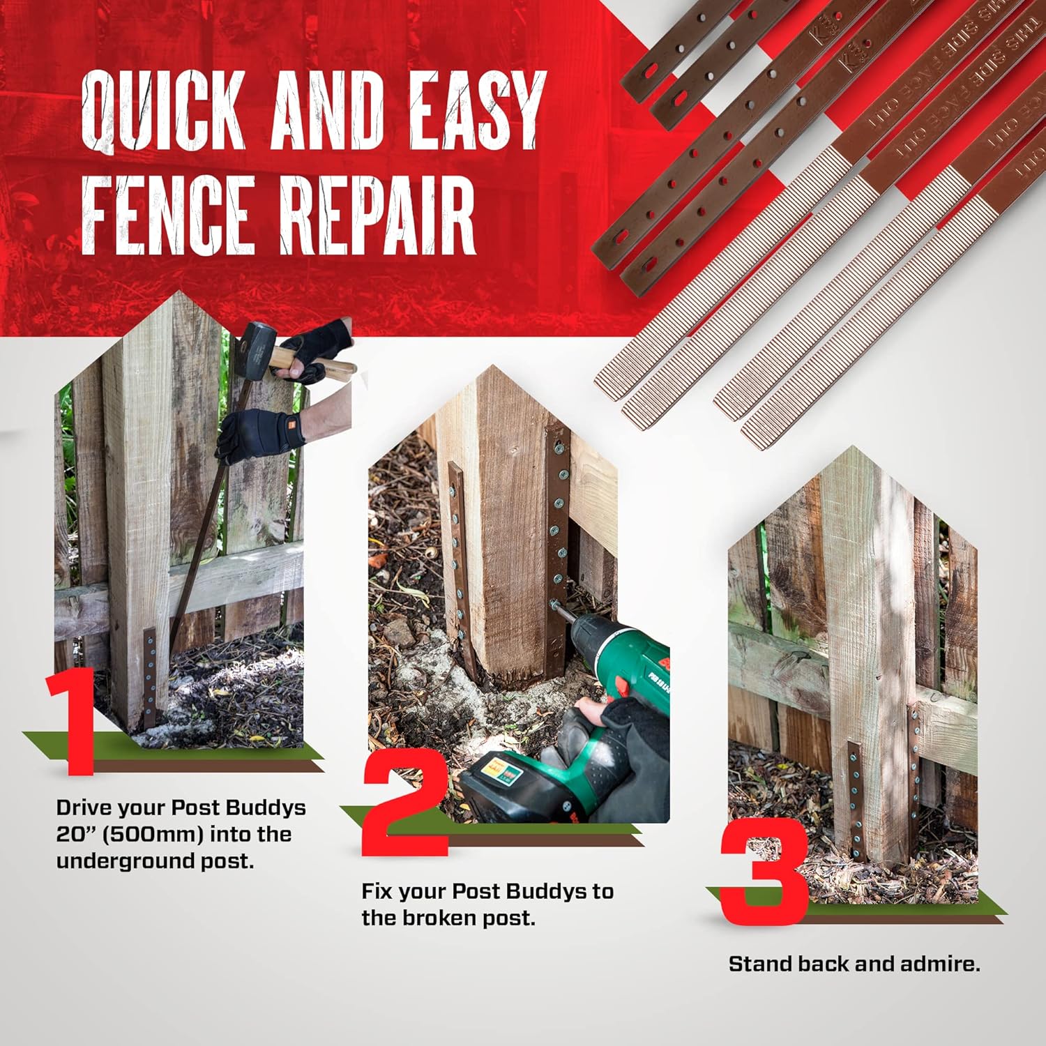 Pack of 2 Easy Fence Post Repair (to fix 1 Broken Wood Post), Fast and Simple to Install, Highly Effective, Long-Lasting