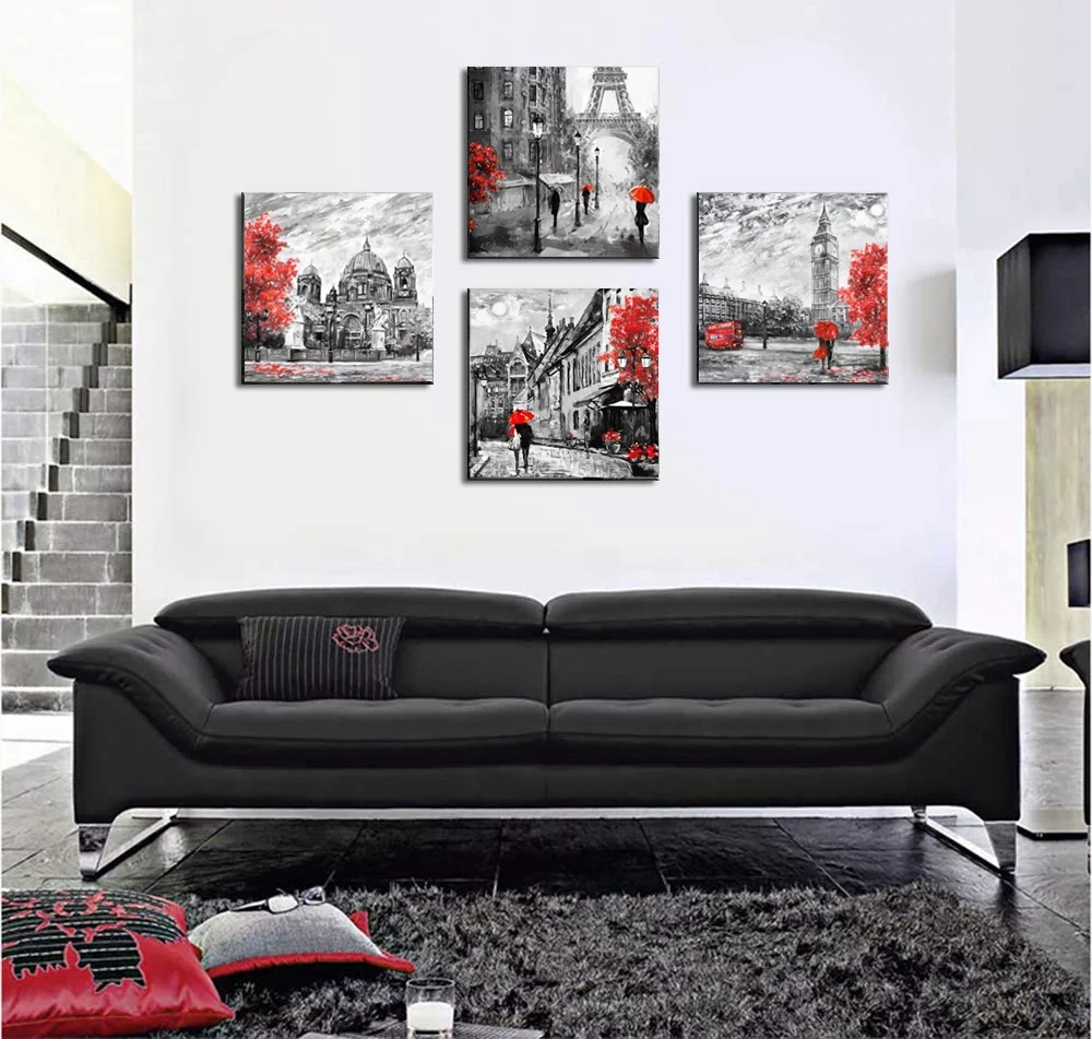 Paimuni Black White Red Wall Art Big Ben Eiffel Tower Berlin Street Romantic Picture Canvas Prints Wall Decor