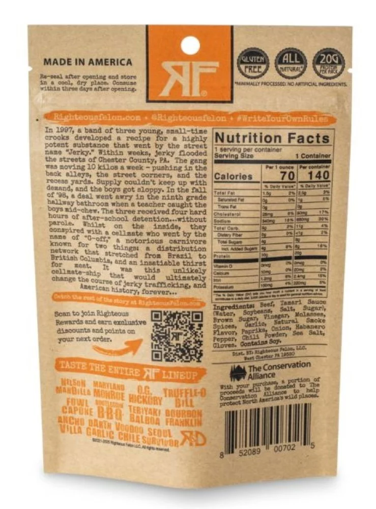 Righteous Felon Gluten Free Habanero Escobar Beef Jerky 2oz Resealable Bag