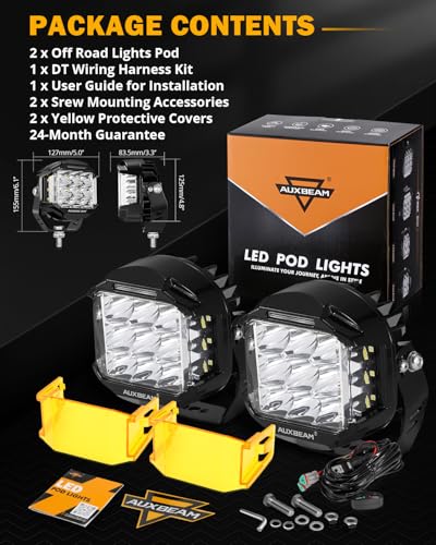 Auxbeam V-MAX Series 72W LED Pod Driving Lights, 4x2.5 Inch Rectangle Side Shooter Offroad Cube Spotlights with Amber DRL, 270° Combo Beam 6 Modes White/Amber/Yellow Auxiliary Lights with Covers