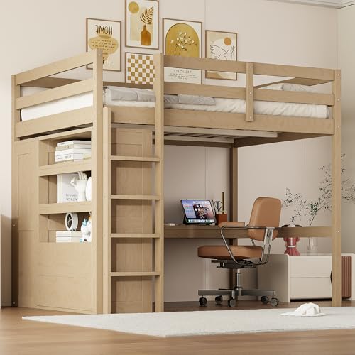 LZ LEISURE ZONE Full Size Loft Bed with Desk, Wood Full Loft Bed Frame with Built-in Wardrobe, Storage Shelves and Drawers, Walnut