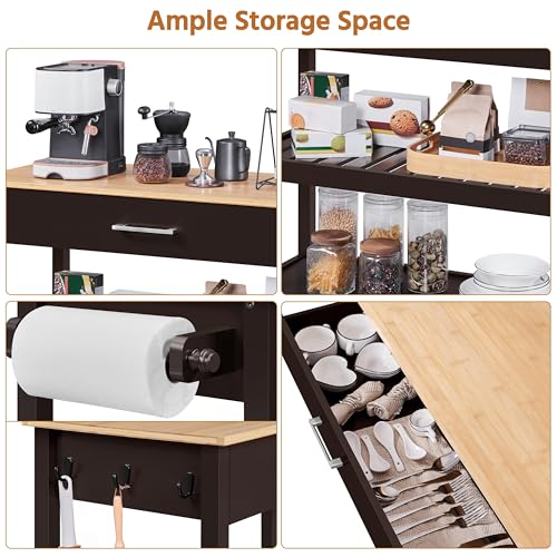 Yaheetech Kitchen Island Cart on Wheels with Bamboo Tabletop, 3-Tier Rolling Kitchen Island Microwave Cart with Drawer, Detachable Towel, 3 Hooks, 17