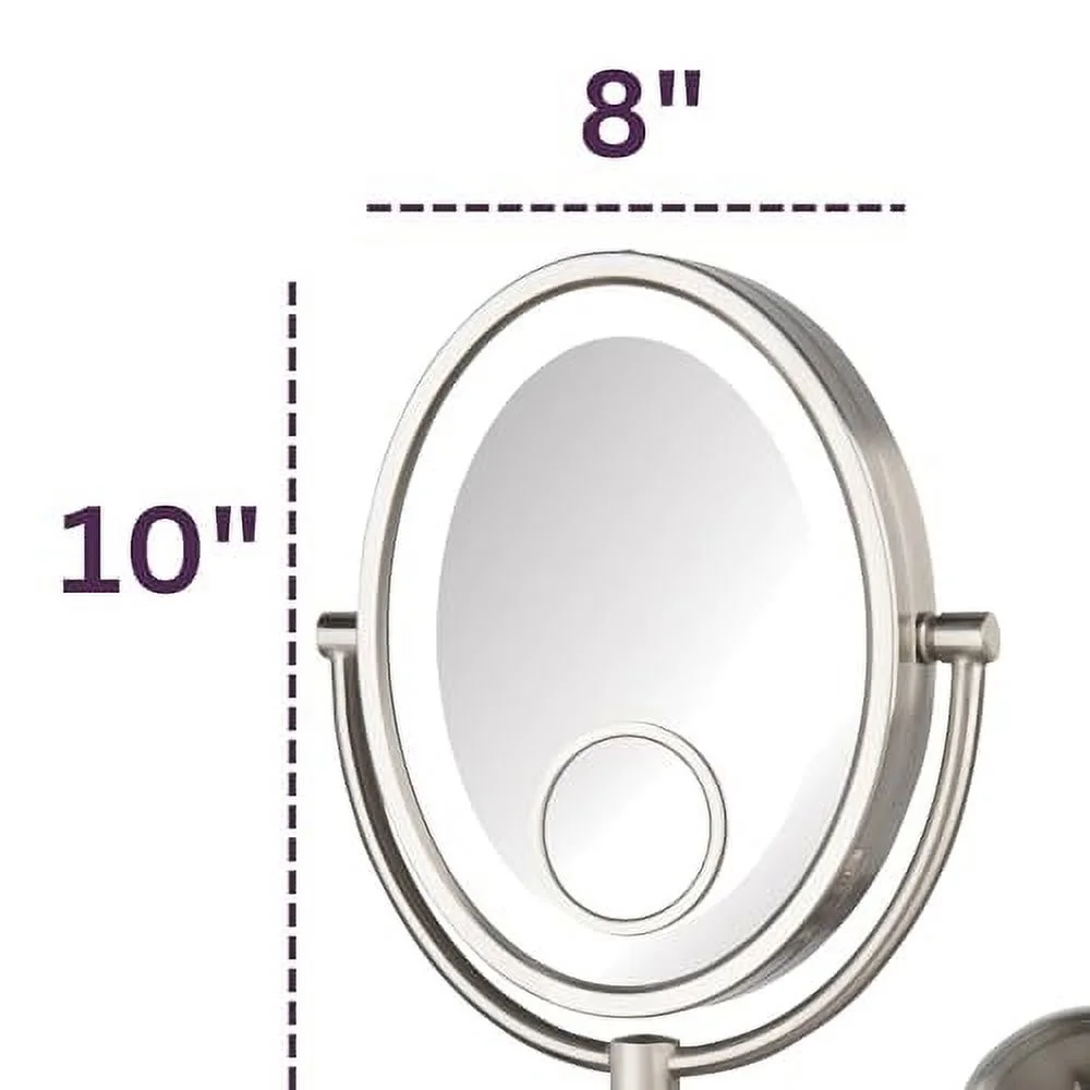 Jerdon 8 inch by 10 inch Oval Wall-Mounted Lighted Makeup Mirror with 10X-1X and 15X Spot Magnification, Nickel Finish, Direct Wire -Model HL9515NLD