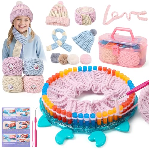 IQKidz Hat Knitting Loom Kit, Kids Craft Kits for Girls Ages 7 8-12 Years and Up, Fun DIY Gift for Girls & Teens to Make Pom Pom Hat and Scarf with Beginner Crochet Set