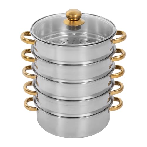 5 Tier Stackable Stainless Steel Steamer Pot for Cooking,Large Capacity Multipurpose Cooking Pan Steaming Pot with Glass Lid&Anti-scald Handle,Suitable for Gas Stoves, Induction Stoves,Electric Ceramic Stoves(28CM)